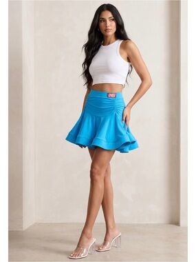 QVEI Y2K Vibrant Blue Scuba Ruffle Ruched Flounce Structured Coquette Skirt S